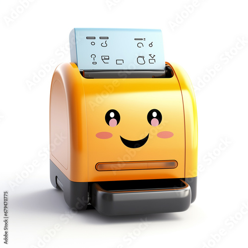 Illustration of a yellow toy printer with a happy face. Little smiling printer isolated on white