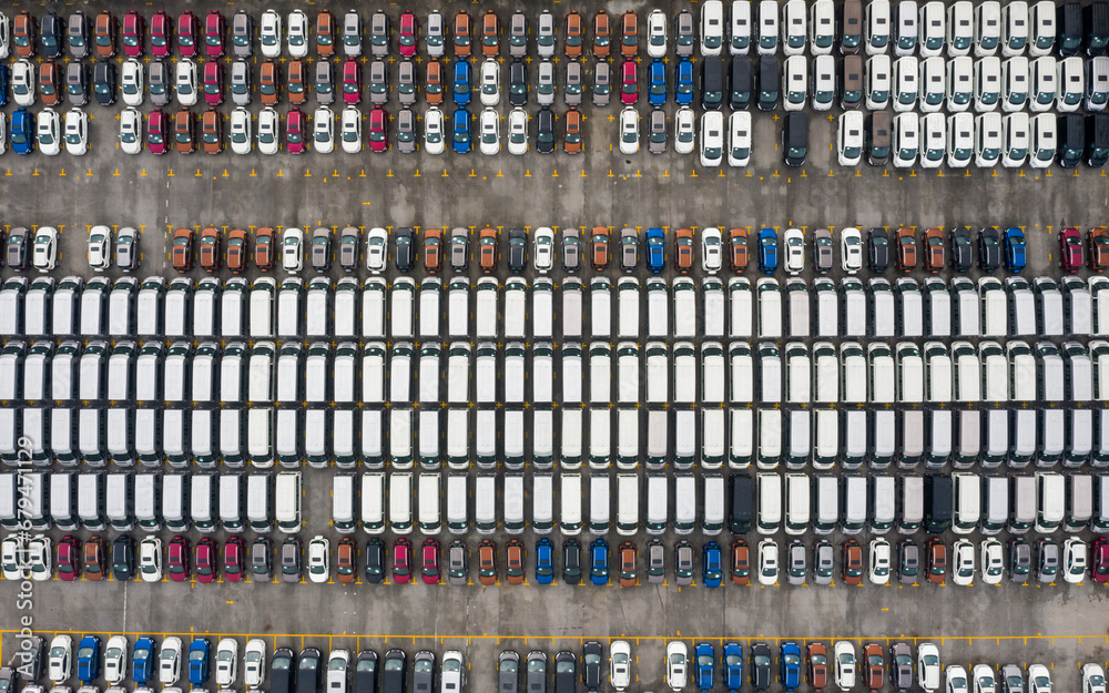 Aerial view of all new cars parking at the factory