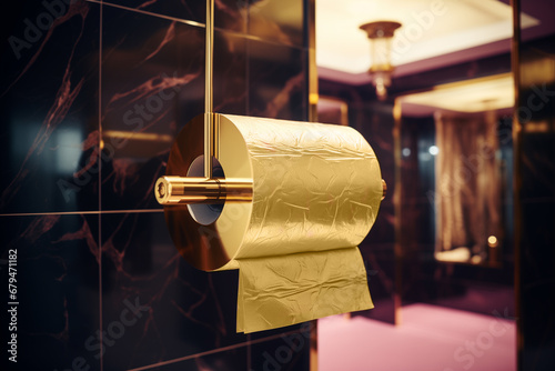 Roll of chic gold toilet paper in a luxurious restroom. Expensive toiletry in a bathroom for the rich. AI-generated photo