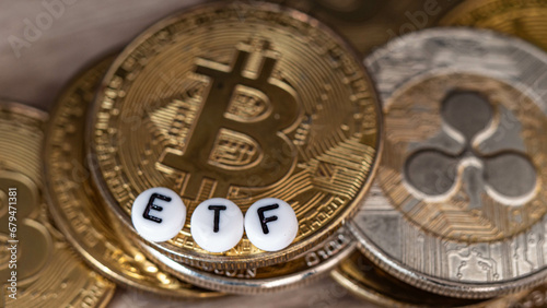 ETF text Put on bitcoin coin, Concept Entering the Digital Money Fund. (Exchange Traded Fund)