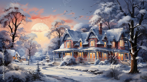 House decorated with Christmas light in the winter. Created with Ai tools  © Awais05