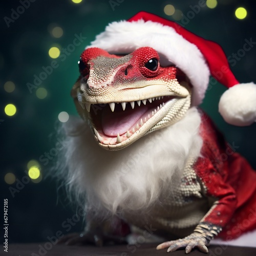 Funny tyrannosaurus rex in Santa Claus costume on dark background © Cuong