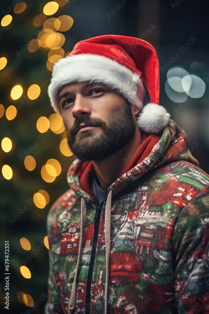 Portrait of a handsome young man in santa claus hat