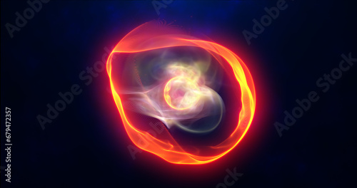Orange energy sphere with glowing bright particles, atom with electrons and elektric magic field scientific futuristic hi-tech abstract background
