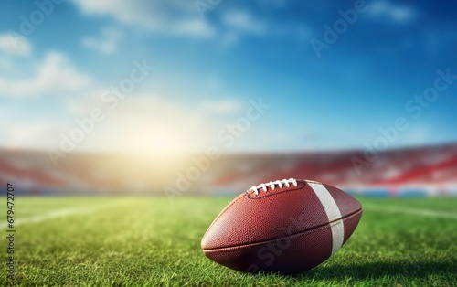 Super bowl poster. Photorealistic American football on stadium green grass background. Day light, sunny weather, soft shadows. Championship game banner with no people around. Rugby ball. AI Generative