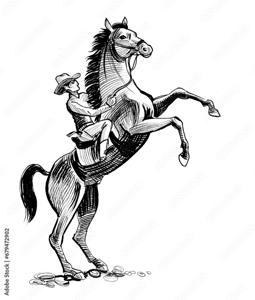Obraz premium Cowboy riding a horse. Hand-drawn ink black and white