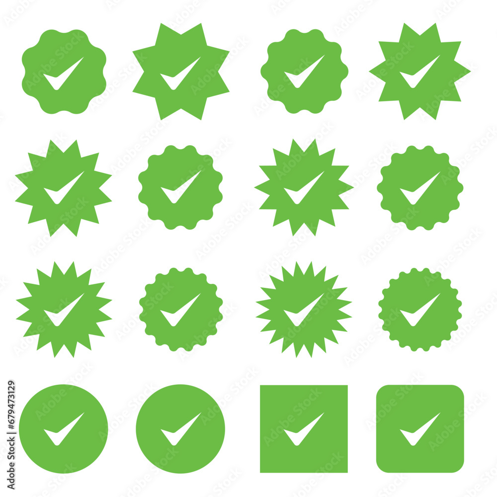 Verified badge profile set Verified badge. Valid. Social media account verification icon. Green check mark icon. Vector 10 episodes.	
