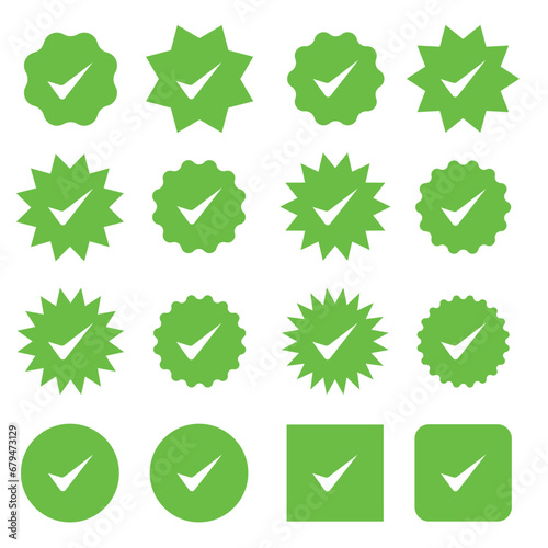 Verified badge profile set Verified badge. Valid. Social media account verification icon. Green check mark icon. Vector 10 episodes.	
 photo
