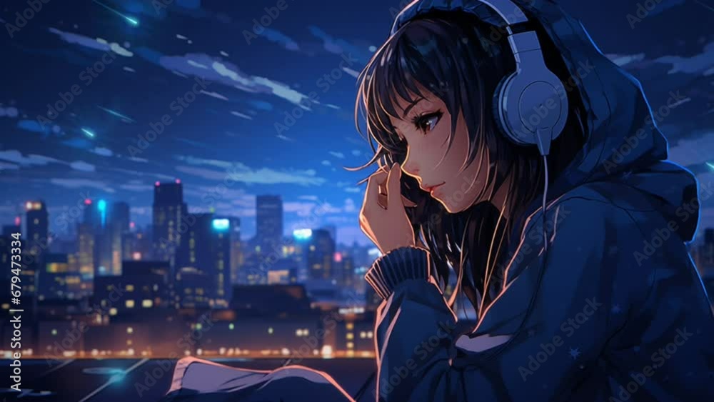 Lofi anime girl headphones sitting alone in the room with city night lights in the background, Feeling lonely and sad. Loop Animation Video For Lofi Music and Live Wallpaper. Generated with AI