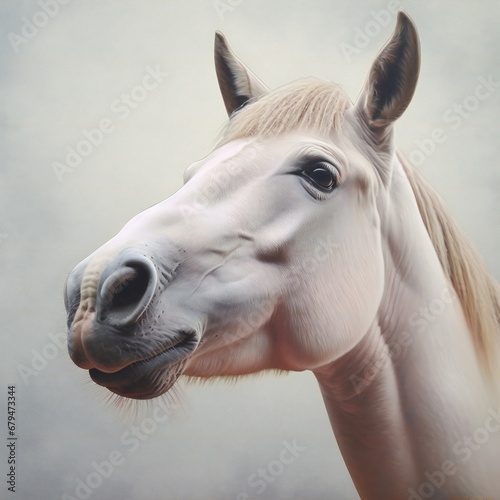 Portrait of a white horse on a gray background   Close-up