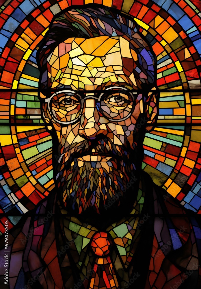 Stained glass window depicting a man with a beard and glasses