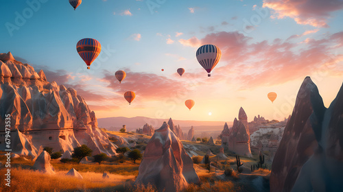 The surreal landscapes of Cappadocia, Turkey, with its fairy chimneys and hot air balloons, create a visually stunning, travel place. Ai Generated.NO.03