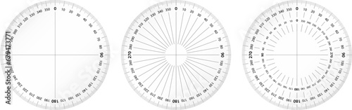 Protractor round ruler for architecture measure. Math tool for angle degree blueprint drawing. Circular scale gauge isolated on white background.