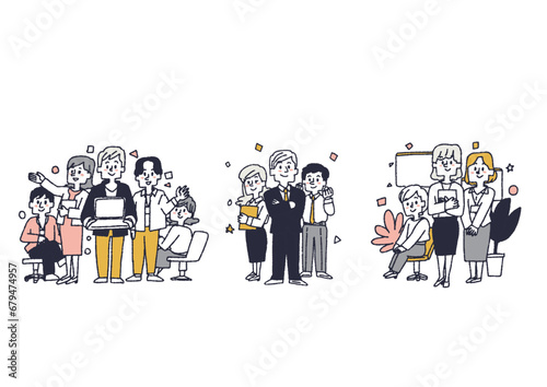 チームで仕事をしている人物のイラストセット　コミカルな手書きの人物　ベクター、線画にカラー