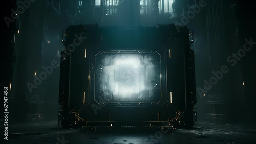 An archaic screen made of a black metal frame with wires emerging from its sides and emitting a cyberpunk light spectacle. photo