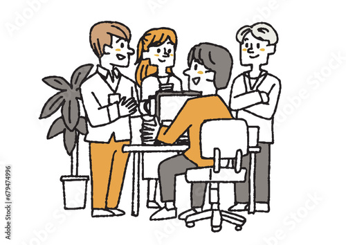 会話をして仕事を進めるビジネスチームのイラスト　コミカルな手書きの人物　ベクター、線画にカラー © 星野スウ