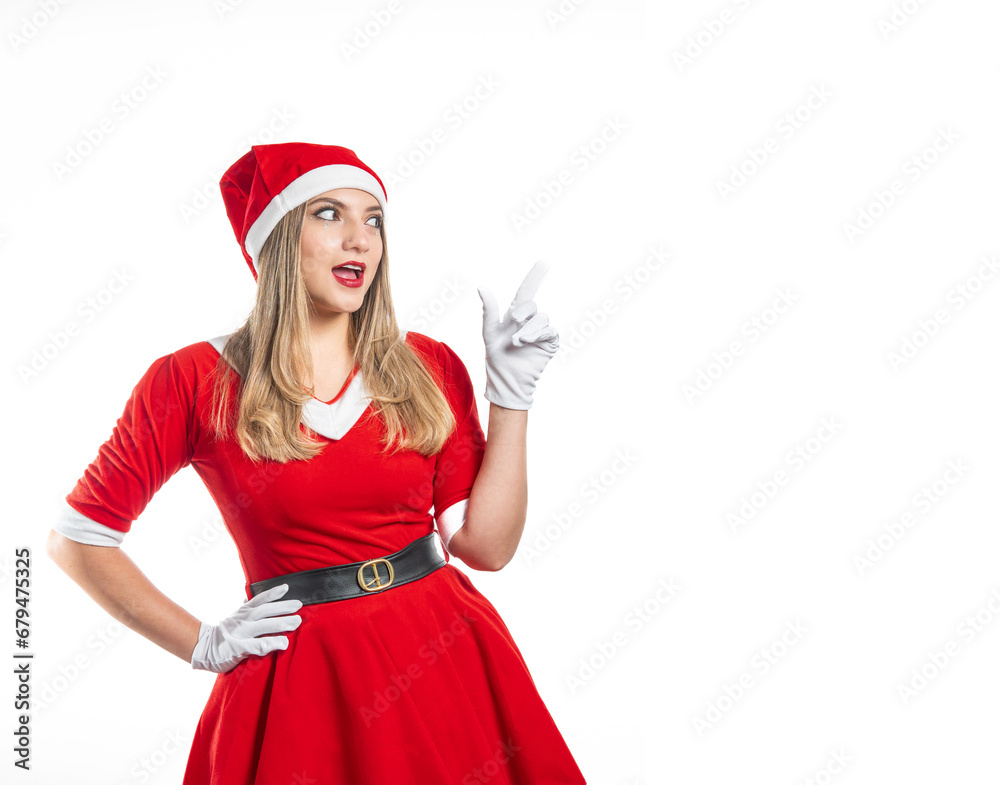 christmas mama claus dressed in red pointing with her finger at the copy space isolated on white background christmas mama claus dressed in red pointing with her finger at the copy space isolated on white background