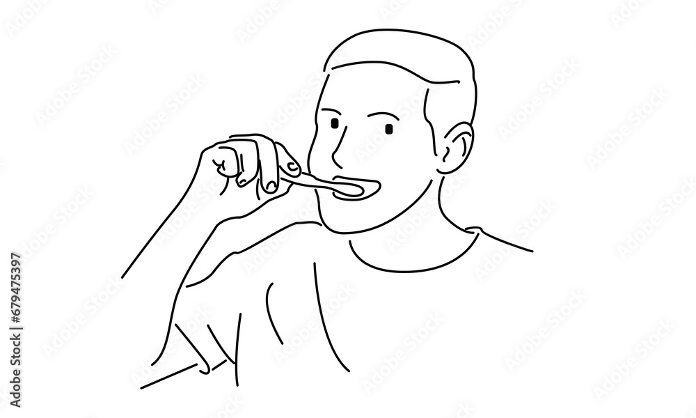 line art of young man brushing his teeth line art of young man brushing his teeth