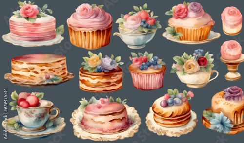 Set of colorful cake vector illustrations isolated on blue background