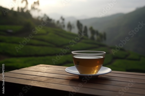 Cup of green tea with field green plantation mountain background scene. Drinks, leisure, healthy lifestyles and travel concept. Cup of green tea placed on table in tea plantations and mountains 