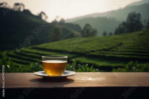 Cup of hot tea and tea leaf on the wooden table and the tea plantations background. Tea plantations. Green tea fresh leaves