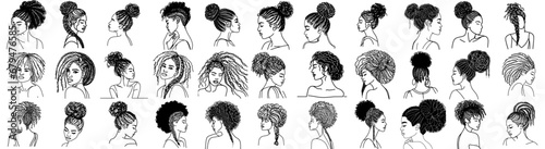 one-line drawings : afro braids and hairstyles diversity, set of editable stroke Art