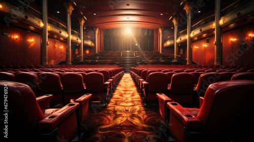 Cinema with rows of seats and a large screen for watching movies