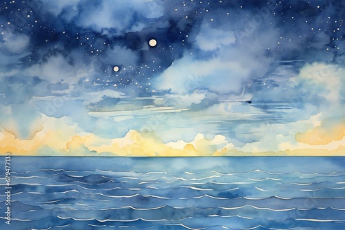 Watercolor illustration of a seascape with the moon and stars