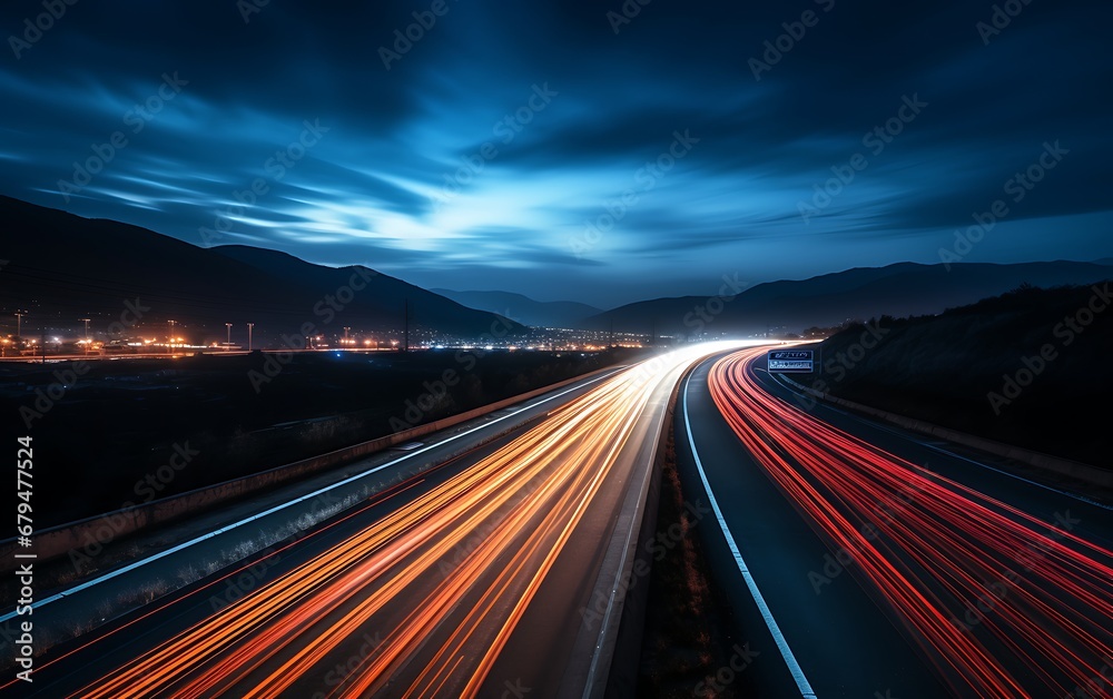 Highway in the mountains at night with fog and light trails. Highway in the mountains at night with fog and light trails.