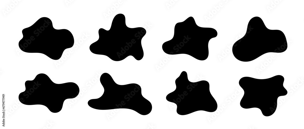 Abstract organic shapes collection. Irregular liquid forms set. Black amoeba blobs, blotches, drops or stains bundle. Different design elements for label, sticker, banner, bubble, collage. Vector pack