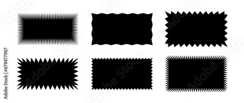 Zig zag edge rectangle shape collection. Jagged rectangular elements set. Black graphic design element pack for decoration, banner, poster, template, sticker, badge, label, tag, flyer. Vector bundle