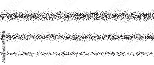 Repeating stippled stroke set. Grain dotted brush lines collection. Grunge sprinkle spray texture pack. Dirty dust sand noise horizontal elements. Splattered dotted stripes and dividers. Vector bundle