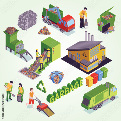 isometric garbage flowchart with factory truck processing sorting pressing containers loading scavenger descriptions illustration