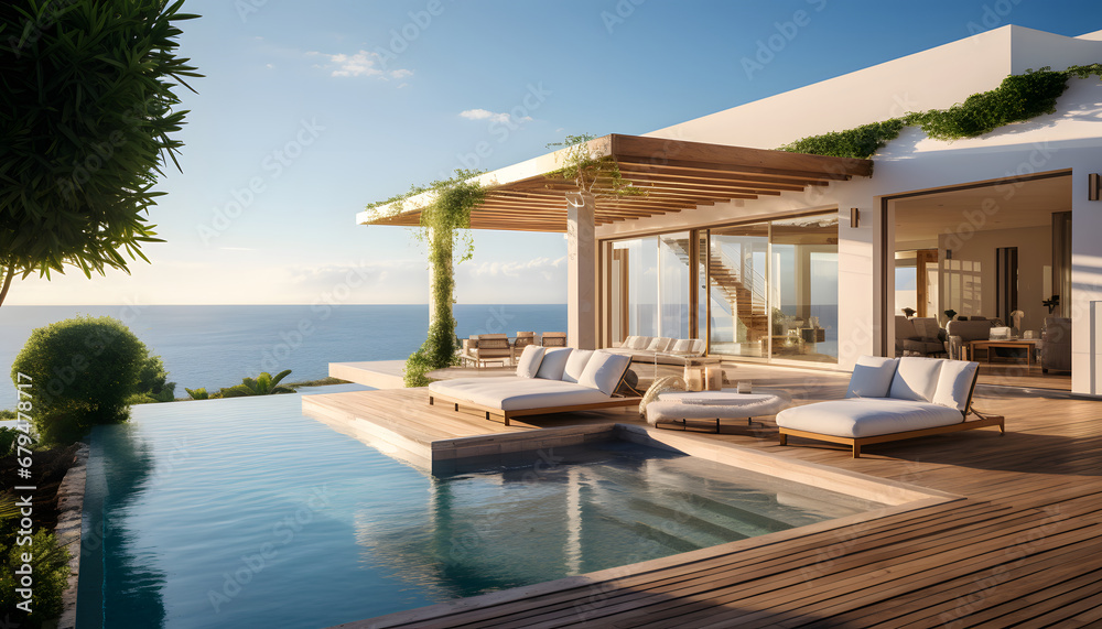 Fototapeta premium Luxury beach house with sea view swimming pool and empty terrace in modern design. holiday villa.