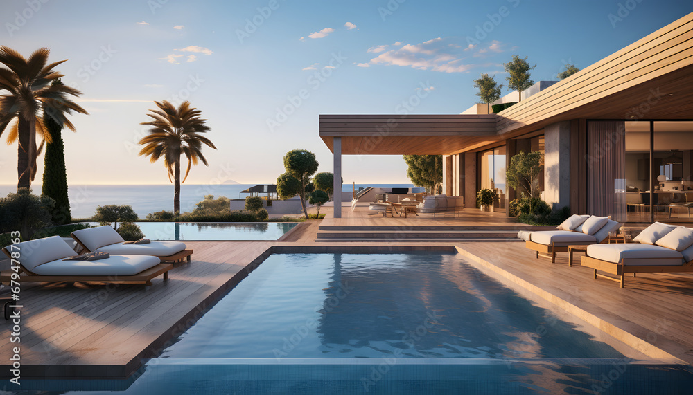 Fototapeta premium Luxury beach house with sea view swimming pool and empty terrace in modern design. holiday villa.
