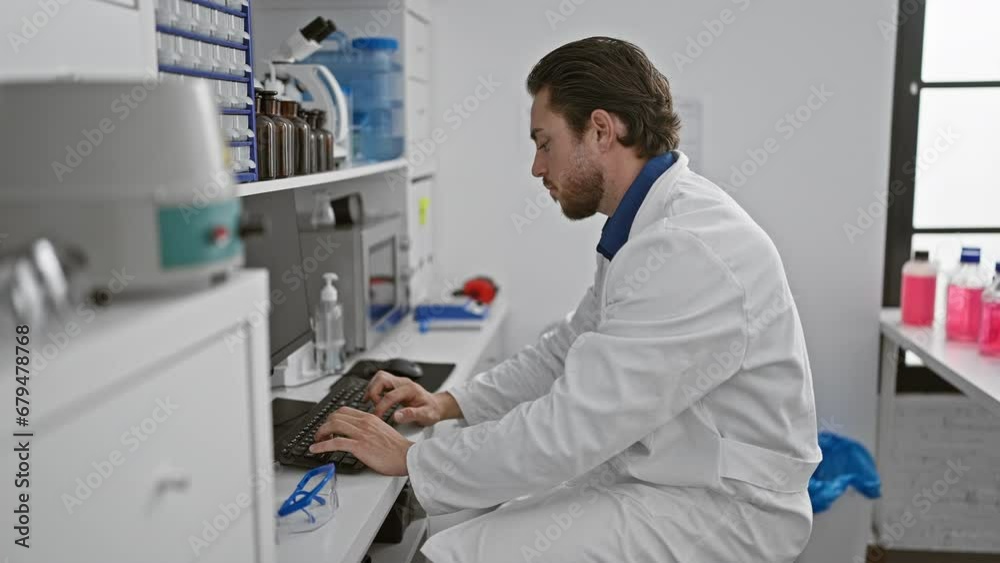 Young hispanic man scientist using computer at laboratory Young hispanic man scientist using computer at laboratory
