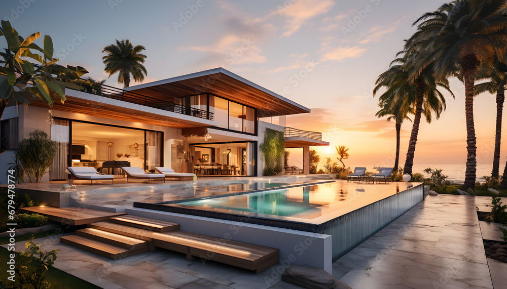 Obraz premium Luxury beach house with sea view swimming pool and empty terrace in modern design. holiday villa.