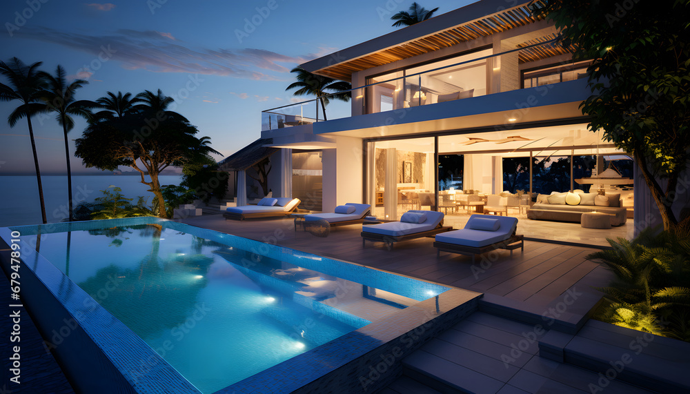 Obraz premium Luxury beach house with sea view swimming pool and empty terrace in modern design. holiday villa.