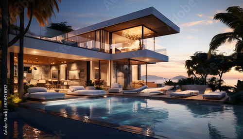 Luxury beach house with sea view swimming pool and empty terrace in modern design. holiday villa.