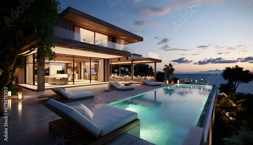 Luxury beach house with sea view swimming pool and empty terrace in modern design. holiday villa. © Fareedoh