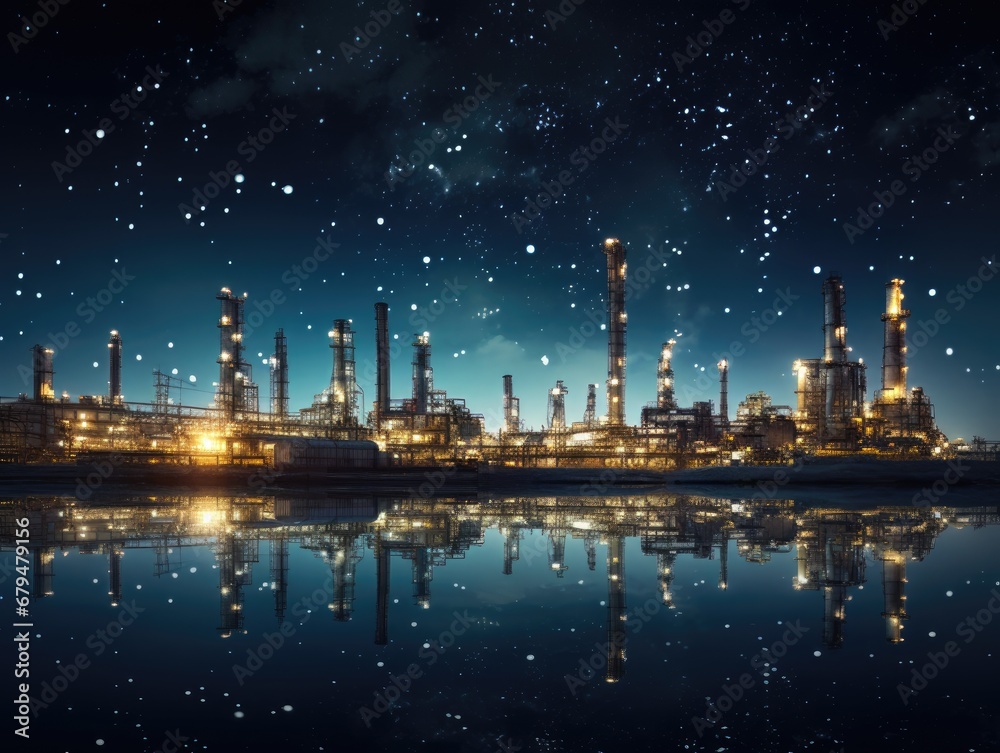 Naklejka premium Silhouette of refinery structures against the backdrop of a starry night.