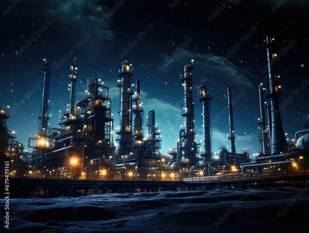 Silhouette of refinery structures against the backdrop of a starry night. Silhouette of refinery structures against the backdrop of a starry night.