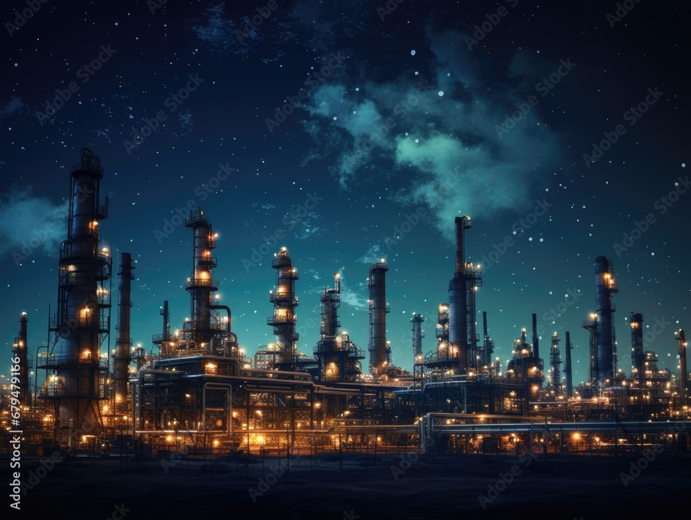 Fototapeta premium Silhouette of refinery structures against the backdrop of a starry night.