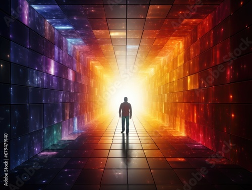 Silhouette of Man walking in colorful boxed tunnel towards the light