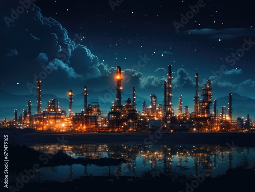 Silhouette of refinery structures against the backdrop of a starry night.