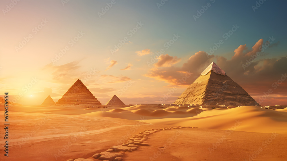 The awe-inspiring Pyramids of Giza rising from the golden sands, with the enigmatic Sphinx guarding their timeless secrets, travel place. Ai Generated.NO.01