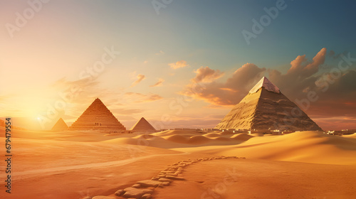 The awe-inspiring Pyramids of Giza rising from the golden sands, with the enigmatic Sphinx guarding their timeless secrets, travel place. Ai Generated.NO.01 © ZWDQ