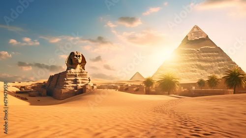 The awe-inspiring Pyramids of Giza rising from the golden sands  with the enigmatic Sphinx guarding their timeless secrets  travel place. Ai Generated.NO.04