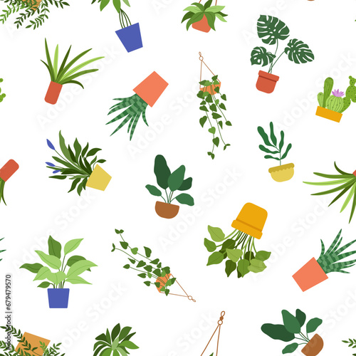 Vector seamless pattern with hand drawn house plants in pots on white background