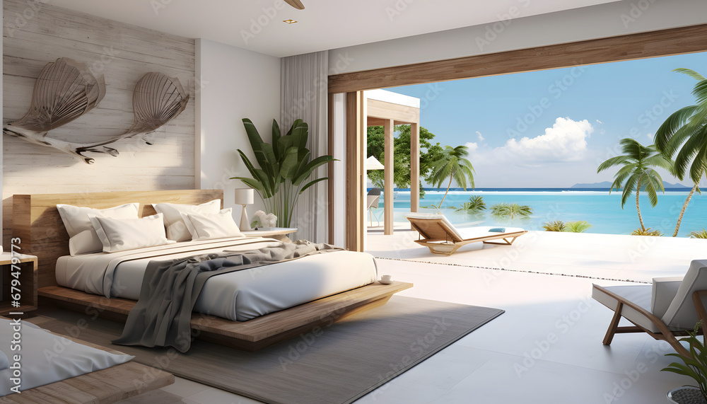 Naklejka premium Sea view bedroom of luxury summer beach house with double bed near balcony. wooden floor and swimming . holiday pool villa. 